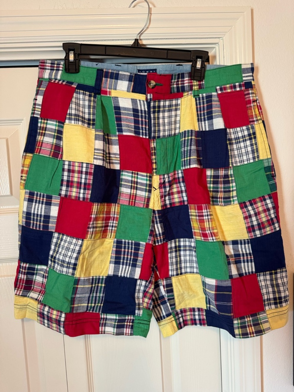 Vintage Tommy Hilfiger Mens Madras Plaid Patchwork Shorts size 36 Golf Preppy